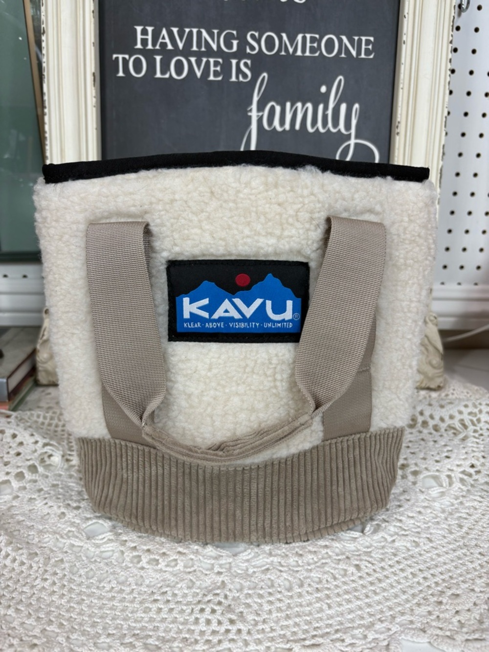Kavu Cream Sherpa Tote with Tan Straps and Black Trim